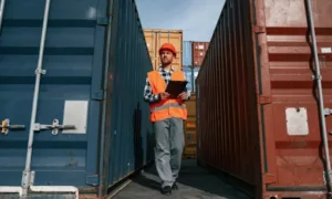 Zollagent kontrolliert Container waehrend der Zollabfertigung