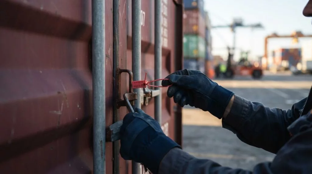 Behandschuhte Hände prüfen die Plombe einer Containertür am Terminal