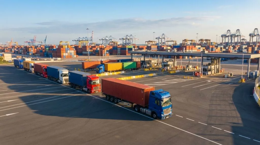 Lkw-Schlange am Terminaltor im warmen Morgenlicht