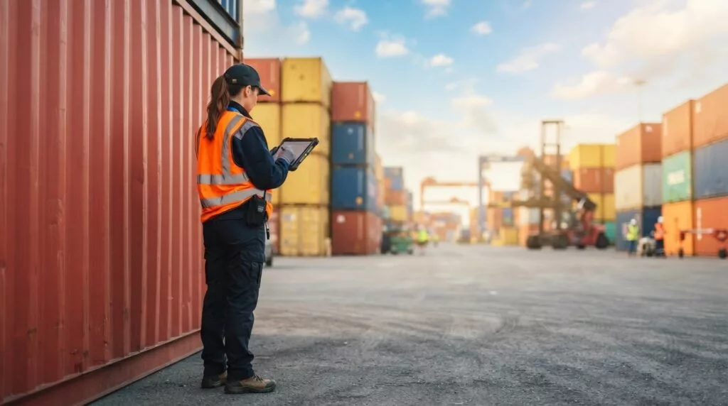 Zollprüfer mit Tablet neben einem Seecontainer am Terminal