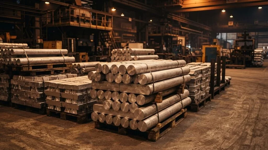 Gestapelte Aluminiumbarren unter warmer Industriebeleuchtung
