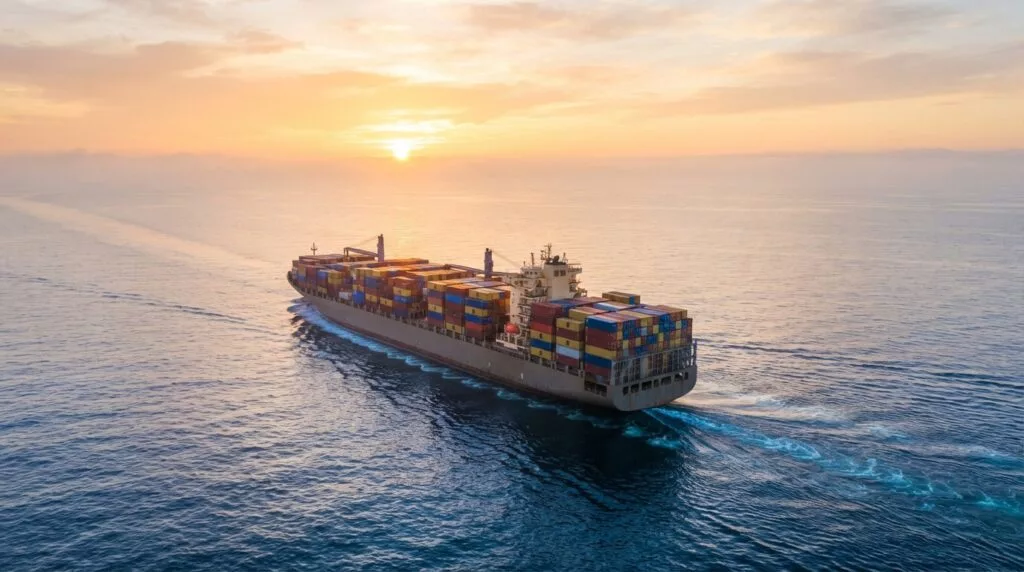 Containerschiff auf ruhigem Wasser bei Sonnenaufgang