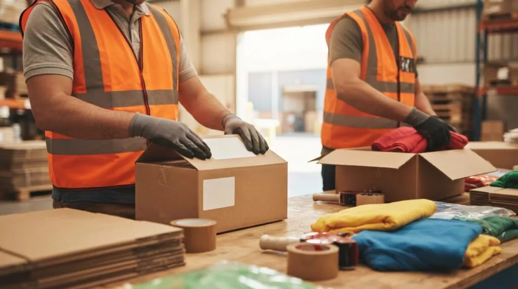 Lagermitarbeiter beim Umpacken und Etikettieren von Waren am Packtisch
