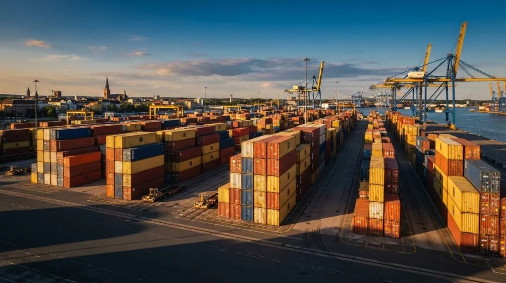 Bunte Seecontainer an einem europäischen Containerterminal im warmen Nachmittagslicht