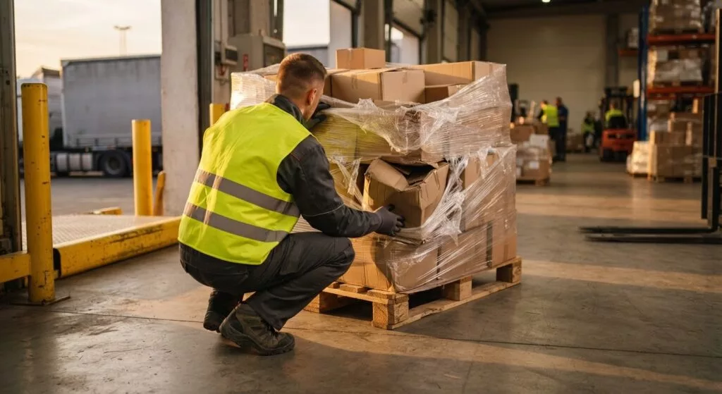 Logistikmitarbeiter prüft eine beschädigte Ecke einer gewickelten Palette an der Entladestelle