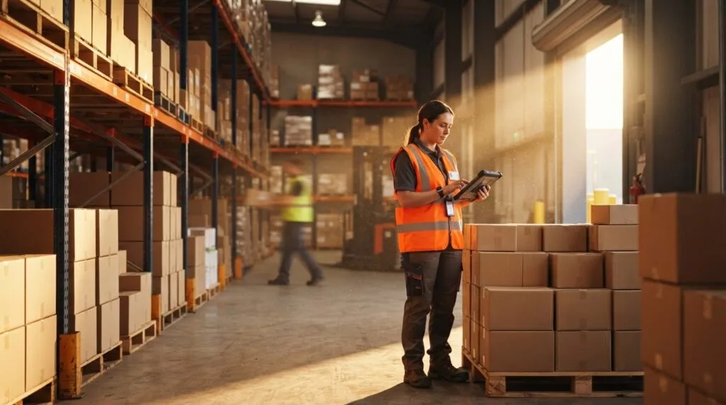 Logistikmitarbeiterin erfasst Waren im Zollverfahren in einem Lager