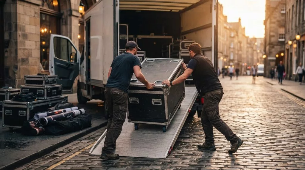 Zwei Mitarbeiter verladen Flightcases mit Messematerial in einen Lkw