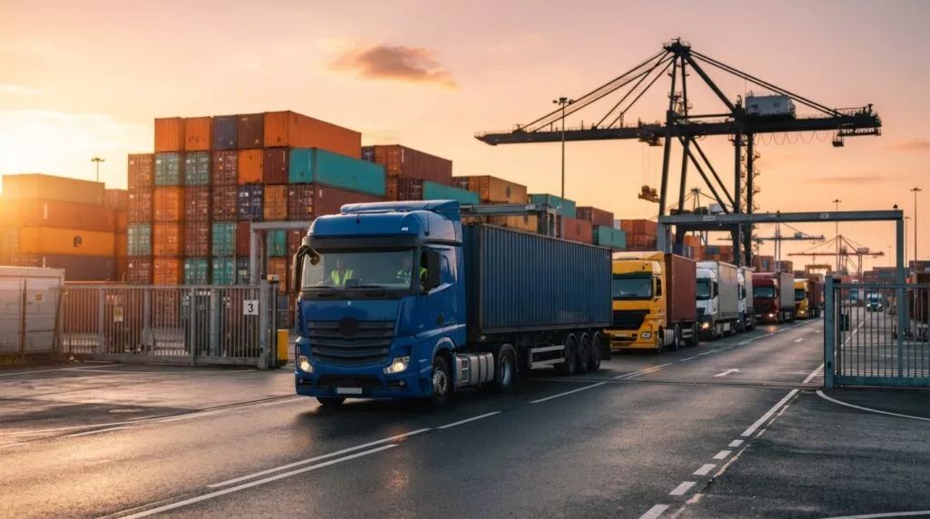 Lkw warten am frühen Morgen an einem Containerterminal