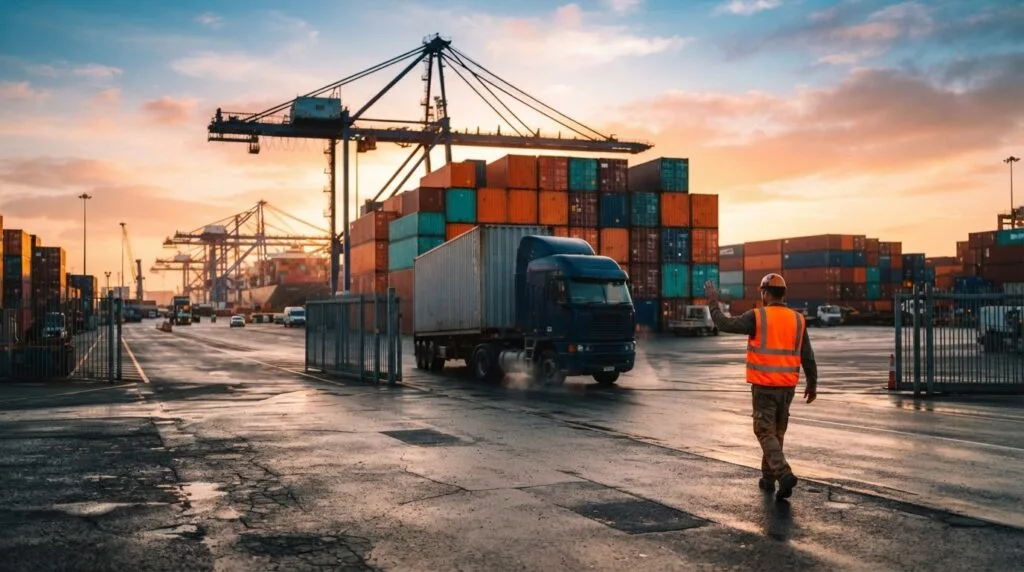 Lkw verlässt bei Sonnenaufgang das Containerterminal nach der Freigabe durch den Zoll
