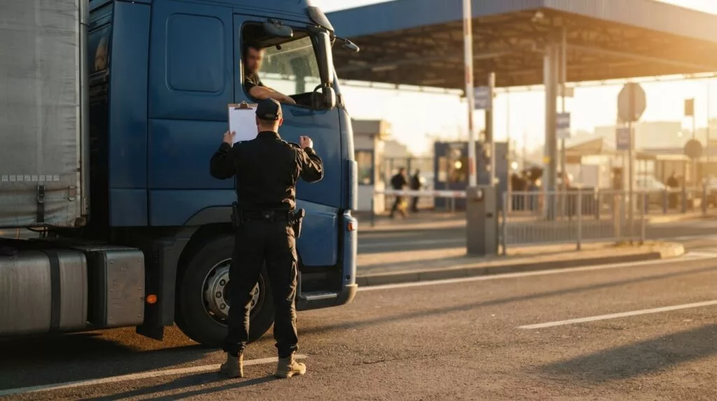 Zollbeamter kontrolliert Dokumente an einem Lkw an einer Grenzstelle