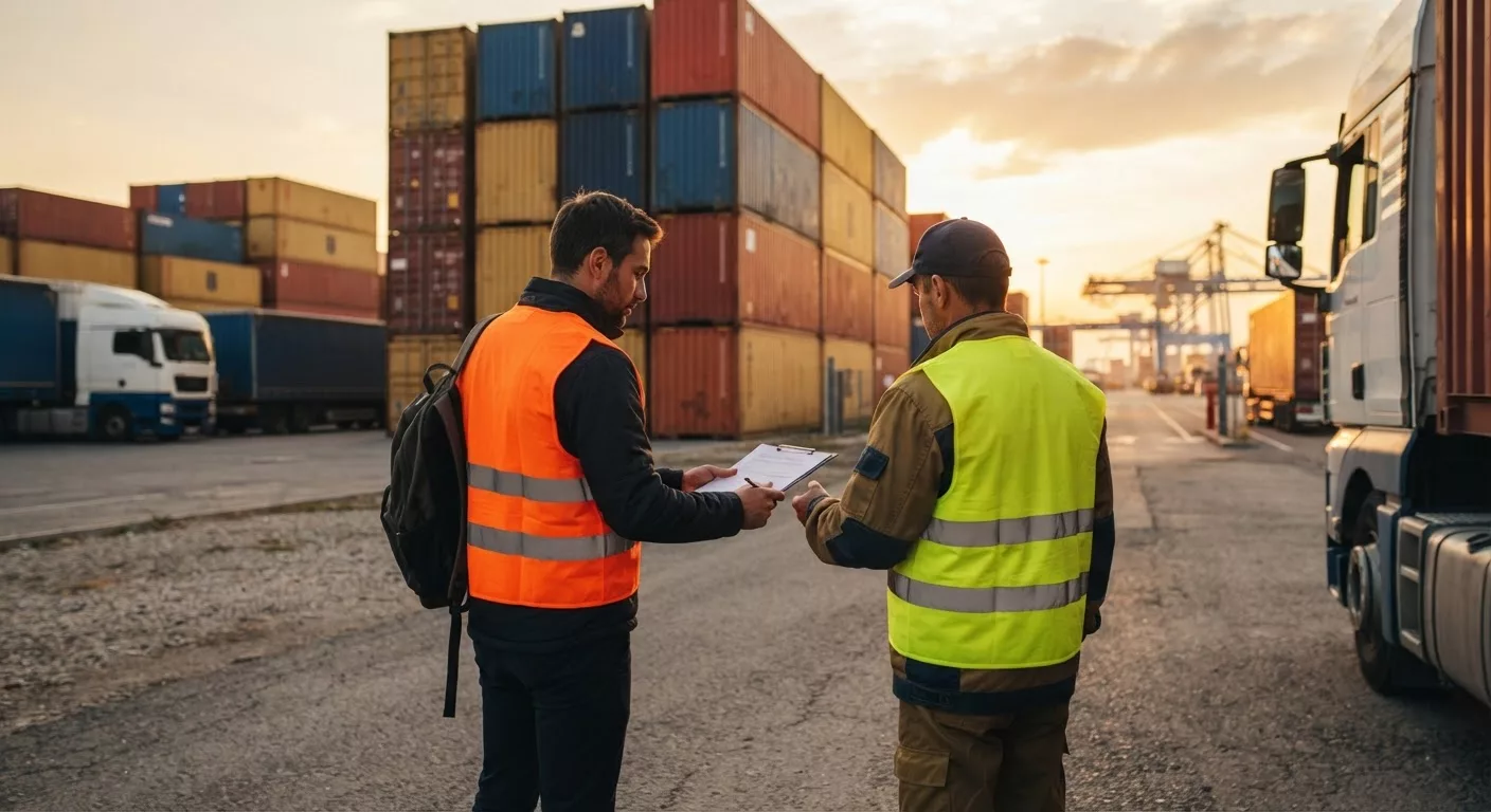 Spediteur übergibt Frachtpapiere an einen Fahrer am Tor eines Containerterminals