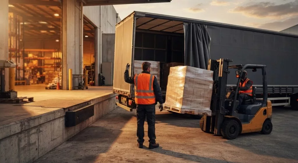 Mitarbeiter begleitet das Verladen von Paletten in einen Trailer an der Laderampe eines Werks