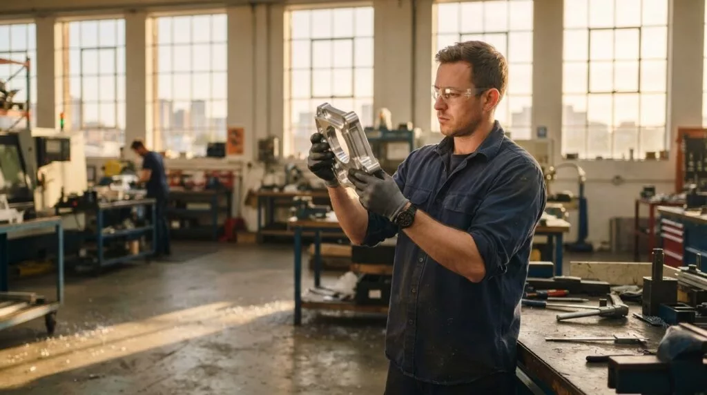 Techniker prüft ein gefrästes Aluminiumbauteil in einer Werkstatt