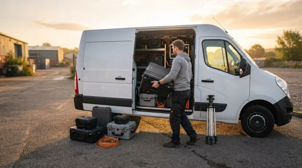 Techniker verlädt professionelle Messtechnik für die vorübergehende Ausfuhr in einen Transporter